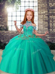 Great Floor Length Turquoise Custom Made Pageant Dress Tulle Sleeveless Beading