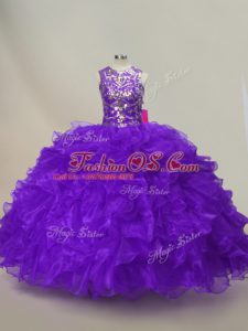 Super Sleeveless Floor Length Ruffles and Sequins Lace Up 15 Quinceanera Dress with Purple
