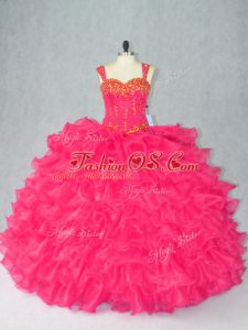 Sleeveless Floor Length Beading and Ruffles Lace Up Quinceanera Dresses with Red