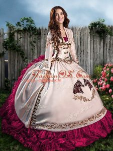 Hot Pink Ball Gowns Embroidery and Ruffles 15 Quinceanera Dress Lace Up Satin Sleeveless Floor Length