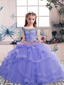 Popular Scoop Sleeveless Little Girls Pageant Dress Wholesale Floor Length Beading Lavender Tulle