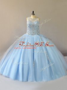 Edgy Floor Length Lace Up Vestidos de Quinceanera Light Blue for Sweet 16 and Quinceanera with Beading