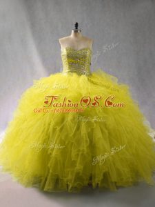 Smart Green Ball Gowns Beading and Ruffles Quince Ball Gowns Lace Up Tulle Sleeveless Floor Length