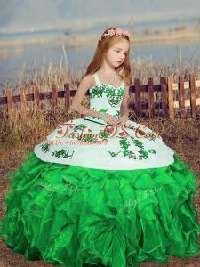 Dazzling Green Ball Gowns Embroidery Kids Formal Wear Lace Up Organza Sleeveless Floor Length