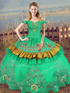 Fabulous Green Ball Gowns Embroidery Vestidos de Quinceanera Lace Up Satin Sleeveless Floor Length