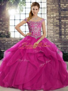 Fuchsia Quinceanera Gowns Tulle Brush Train Sleeveless Beading and Ruffles