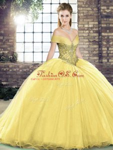 Organza Off The Shoulder Sleeveless Brush Train Lace Up Beading Vestidos de Quinceanera in Gold