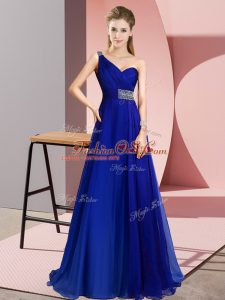 Delicate Royal Blue Chiffon Criss Cross Military Ball Dresses For Women Sleeveless Brush Train Beading