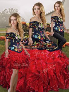 Red And Black Off The Shoulder Lace Up Embroidery and Ruffles Sweet 16 Dresses Sleeveless