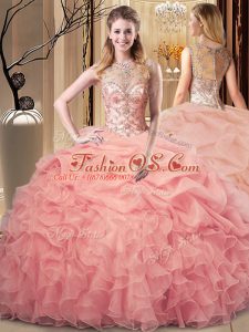 Artistic Organza Scoop Sleeveless Zipper Beading and Ruffles Quinceanera Gown in Peach