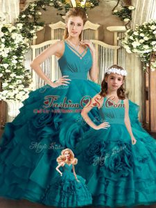 High Quality Sleeveless Organza Brush Train Backless Sweet 16 Dress in Teal with Ruffles