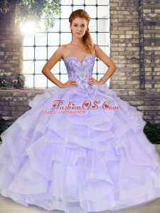 Sexy Lavender Ball Gown Prom Dress Military Ball and Sweet 16 and Quinceanera with Beading and Ruffles Sweetheart Sleeveless Lace Up