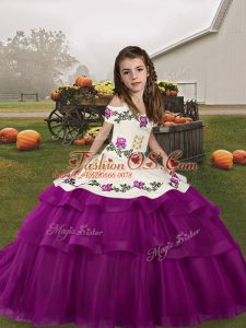 Wonderful Sleeveless Floor Length Embroidery and Ruffled Layers Lace Up Little Girls Pageant Gowns with Purple