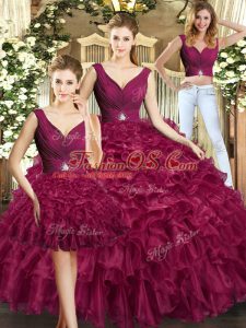 V-neck Sleeveless Organza Quinceanera Dress Ruffles Backless