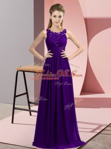 Purple Empire Chiffon Scoop Sleeveless Beading and Appliques Floor Length Zipper Court Dresses for Sweet 16