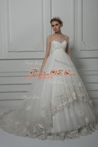 Fantastic White Tulle Lace Up Bridal Gown Sleeveless Court Train Beading and Lace and Hand Made Flower