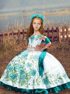 Latest Off The Shoulder Sleeveless Child Pageant Dress Floor Length Embroidery White Satin