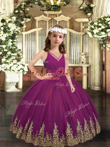 Purple Ball Gowns V-neck Sleeveless Tulle Floor Length Zipper Embroidery Child Pageant Dress