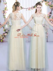 Exceptional Scoop Sleeveless Tulle Bridesmaid Gown Lace and Bowknot Lace Up