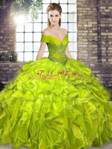 High Quality Olive Green Off The Shoulder Neckline Beading and Ruffles Sweet 16 Dresses Sleeveless Lace Up