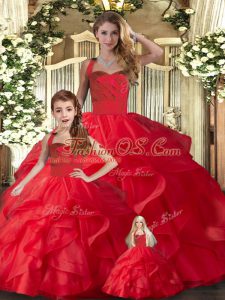 Sleeveless Floor Length Ruffles Lace Up Sweet 16 Dress with Red