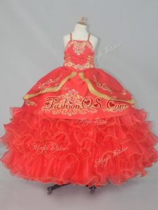 Sleeveless Lace Up Floor Length Embroidery and Ruffled Layers Kids Formal Wear