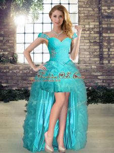 Wonderful A-line Prom Gown Aqua Blue Off The Shoulder Organza Sleeveless High Low Lace Up