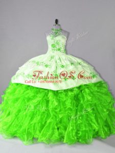 Organza Halter Top Sleeveless Court Train Lace Up Embroidery and Ruffles 15th Birthday Dress in