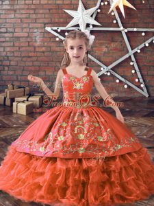 Satin and Organza Straps Sleeveless Lace Up Embroidery and Ruffled Layers Kids Formal Wear in Orange Red
