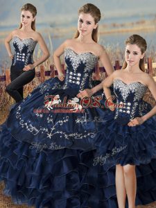 Amazing Navy Blue Ball Gowns Embroidery and Ruffles Sweet 16 Dresses Lace Up Satin and Organza Sleeveless High Low