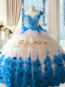 Blue And White Ball Gowns Hand Made Flower Quinceanera Dresses Zipper Tulle Sleeveless