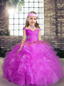 Custom Made Sleeveless Floor Length Beading and Ruffles Lace Up Little Girls Pageant Dress with Fuchsia