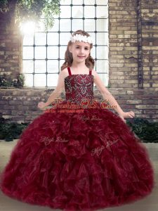 High Class Straps Sleeveless Kids Pageant Dress Floor Length Beading and Ruffles Burgundy Organza