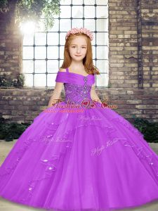 Lilac Straps Neckline Beading Kids Pageant Dress Sleeveless Lace Up