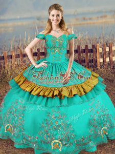 Ideal Turquoise Lace Up Off The Shoulder Embroidery Vestidos de Quinceanera Satin Sleeveless