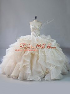Elegant Brush Train Ball Gowns Sweet 16 Quinceanera Dress Champagne Sweetheart Organza Sleeveless Lace Up