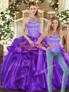 Purple Sleeveless Floor Length Beading and Ruffles Lace Up Sweet 16 Quinceanera Dress