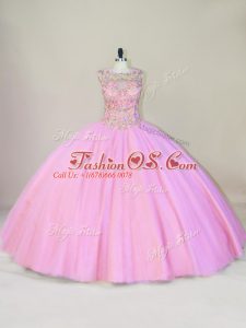 Pink Lace Up Quinceanera Gown Beading Sleeveless