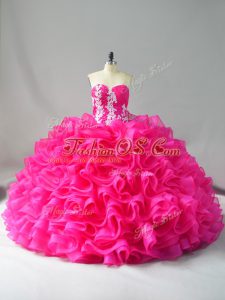 Hot Pink Quinceanera Dresses Organza Sleeveless Appliques and Ruffles