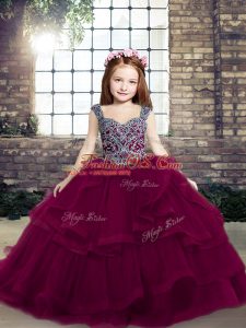 Fuchsia Kids Pageant Dress Party and Wedding Party with Beading and Ruffles Straps Sleeveless Lace Up