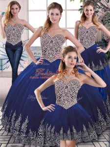 Shining Royal Blue Ball Gowns Embroidery 15 Quinceanera Dress Lace Up Tulle Sleeveless Floor Length
