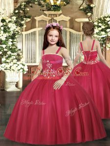 Wonderful Red Ball Gowns Beading Little Girls Pageant Gowns Lace Up Tulle Sleeveless Floor Length