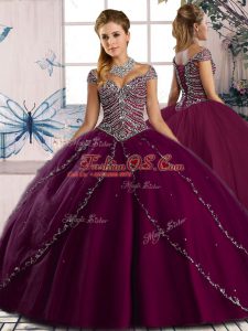 Hot Selling Purple Sweet 16 Dresses Tulle Brush Train Cap Sleeves Beading