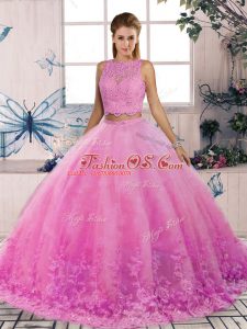 New Arrival Scalloped Sleeveless Sweet 16 Dress Sweep Train Lace Rose Pink Tulle