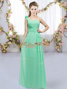 Fantastic Turquoise Empire One Shoulder Sleeveless Chiffon Floor Length Lace Up Hand Made Flower Vestidos de Damas