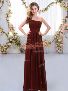 Brown Empire Chiffon One Shoulder Sleeveless Ruching Floor Length Zipper Bridesmaid Dress
