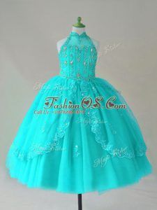 Floor Length Lace Up Little Girls Pageant Gowns Aqua Blue for Wedding Party with Beading and Appliques