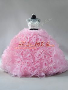 Hot Sale Baby Pink Two Pieces Scoop Sleeveless Fabric With Rolling Flowers Brush Train Zipper Beading and Ruffles 15 Quinceanera Dress
