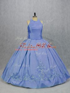 Deluxe Blue Satin Zipper Quinceanera Dress Sleeveless Floor Length Embroidery