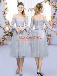 High Quality Grey Empire Tulle Off The Shoulder 3 4 Length Sleeve Lace and Belt Tea Length Lace Up Damas Dress